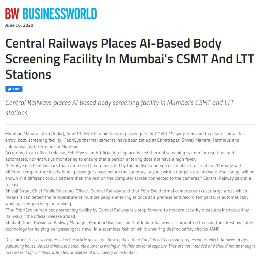 Central Railways places AI based body screening in Mumbai Stations. FebriEye Coverage in Business World